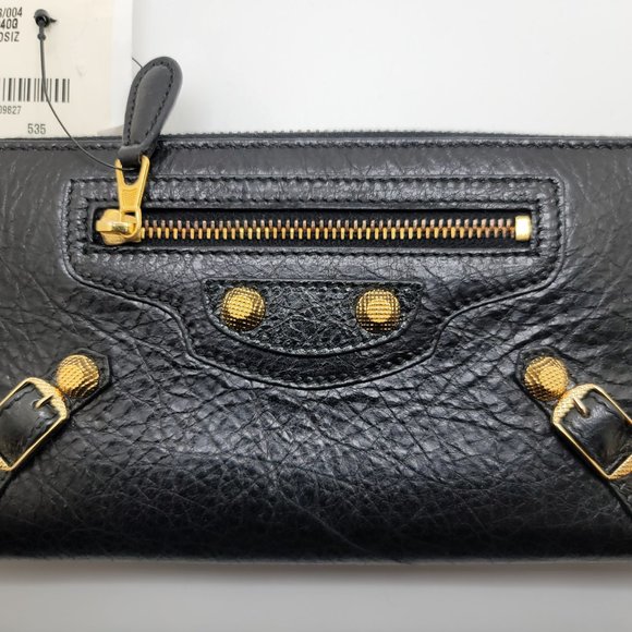 ❌SOLD❌ Balenciaga BLACK Gold Continental Zip Around Long Wallet Moto Leather - Picture 3 of 12